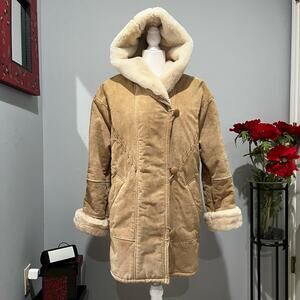 VINTAGE Charles Klein Suede Sherpa Hooded Longline Whipstitch Winter Car Coat XS